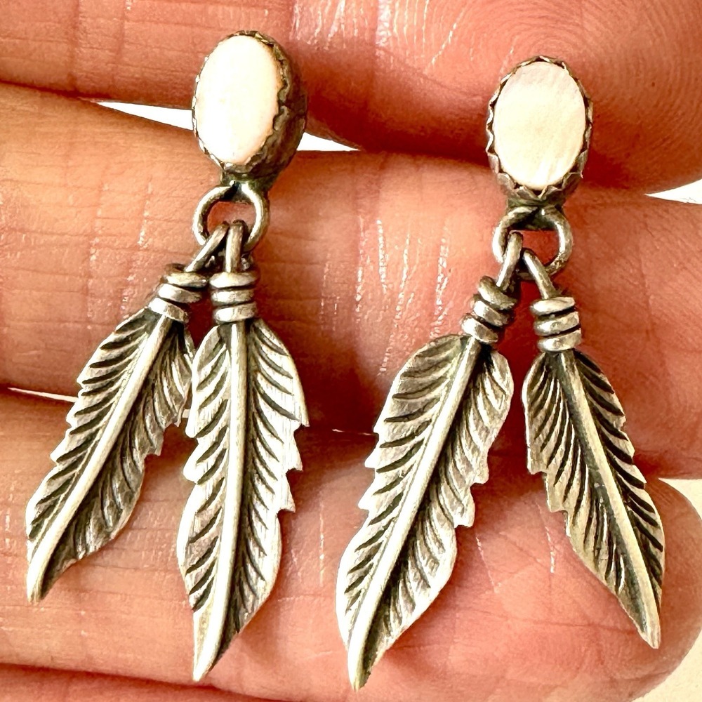 VTG Navajo Earrings White MOP Feather Post Dangle Sterling Native American USA